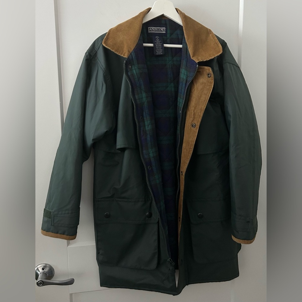 Lands' End Green Raincoat with Tan Corduroy Collar